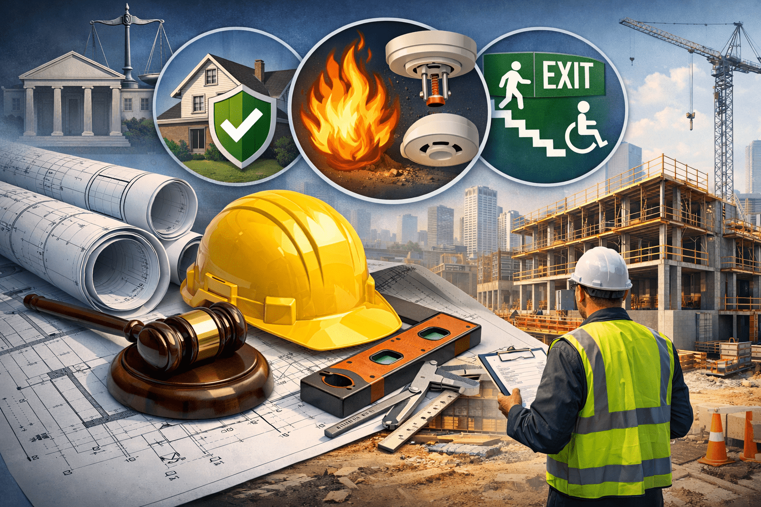 Illustration of building codes and standards in construction showing safety planning, compliance checks, structural design, and regulated facility systems