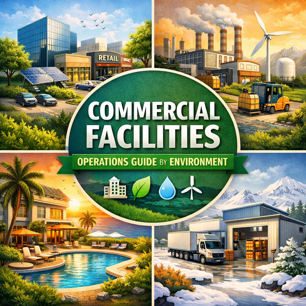 Commercial facilities operations showing facilities management across different environments.