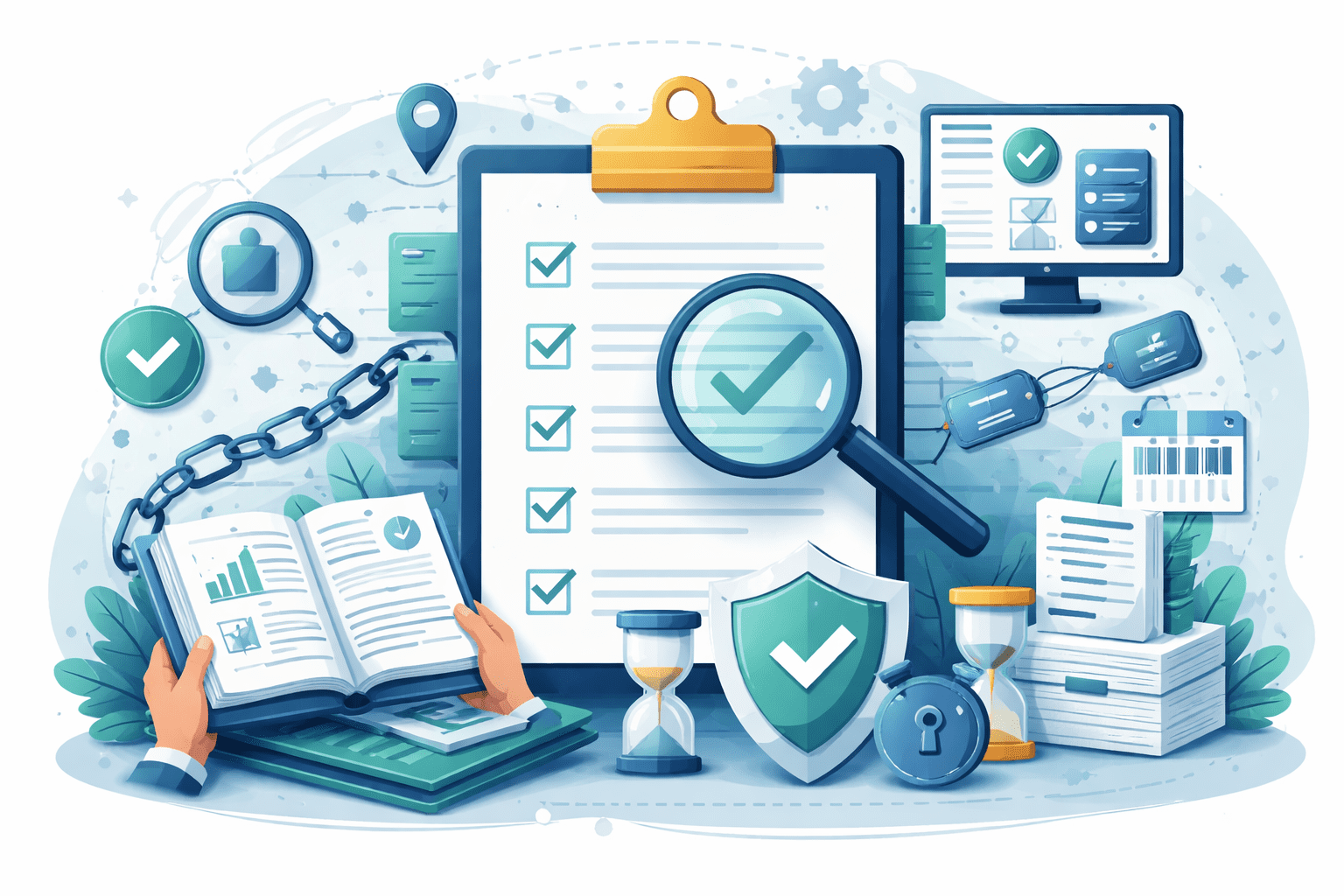 Documentation and traceability system showing organized records, compliance tracking, audit trails, and process monitoring in regulated operations