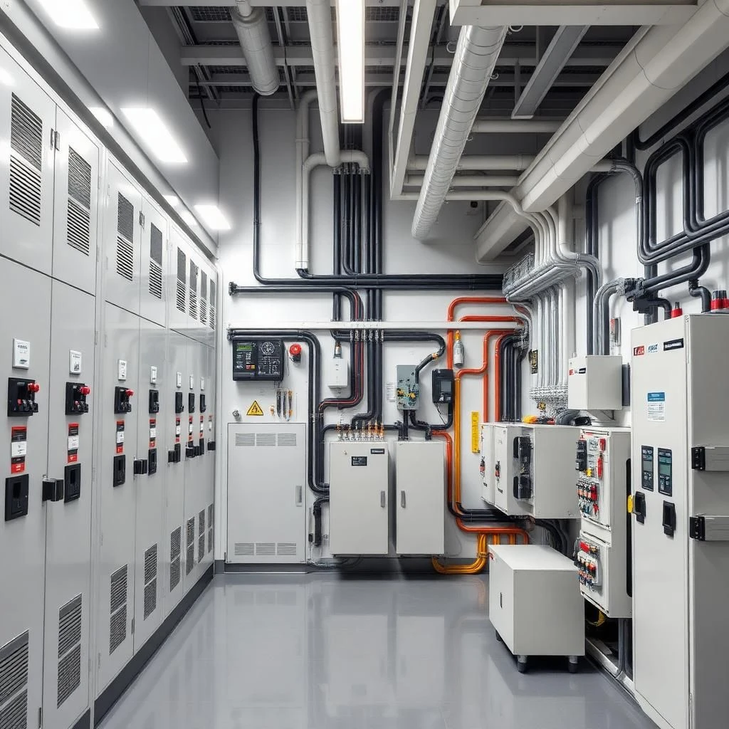 Electrical systems in a commercial building showing wiring, circuit breakers, transformers, lighting, and backup power systems