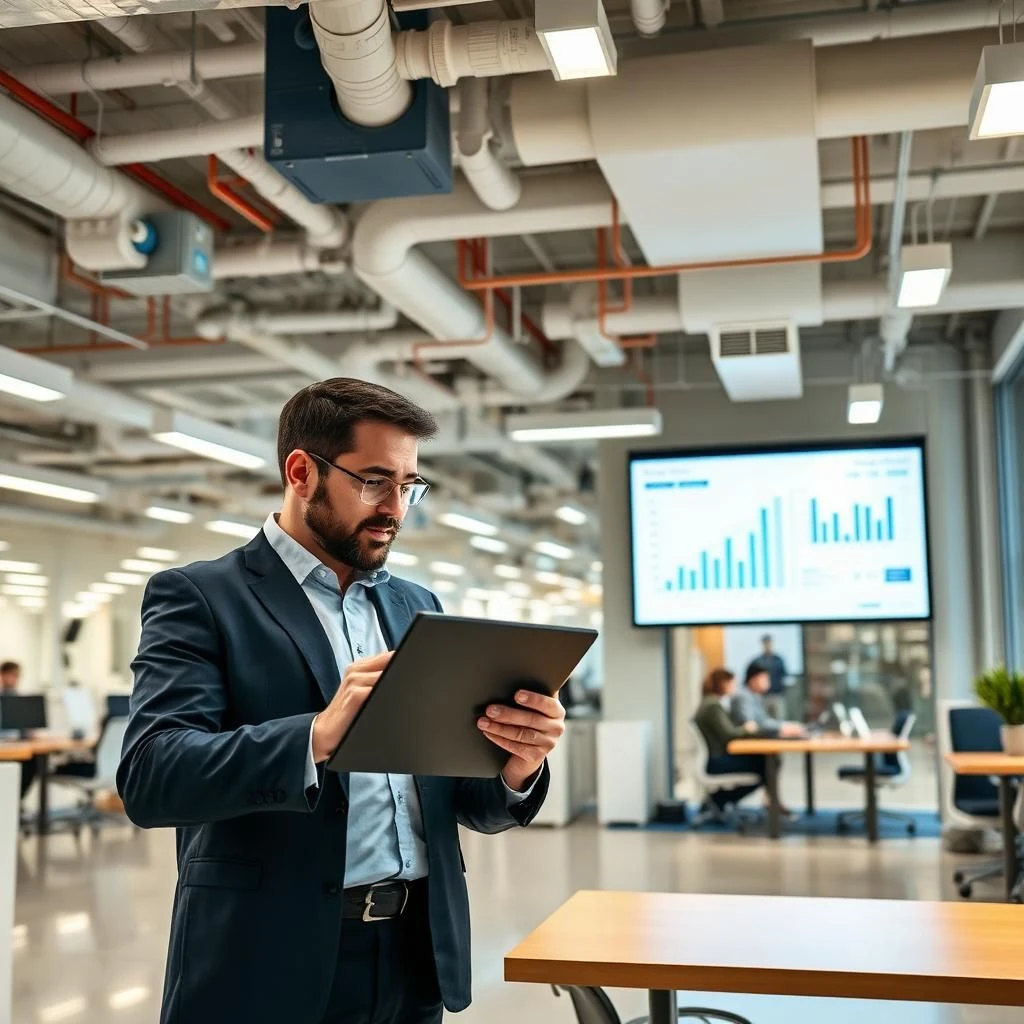 Commercial building with smart energy monitoring dashboards and efficient lighting systems