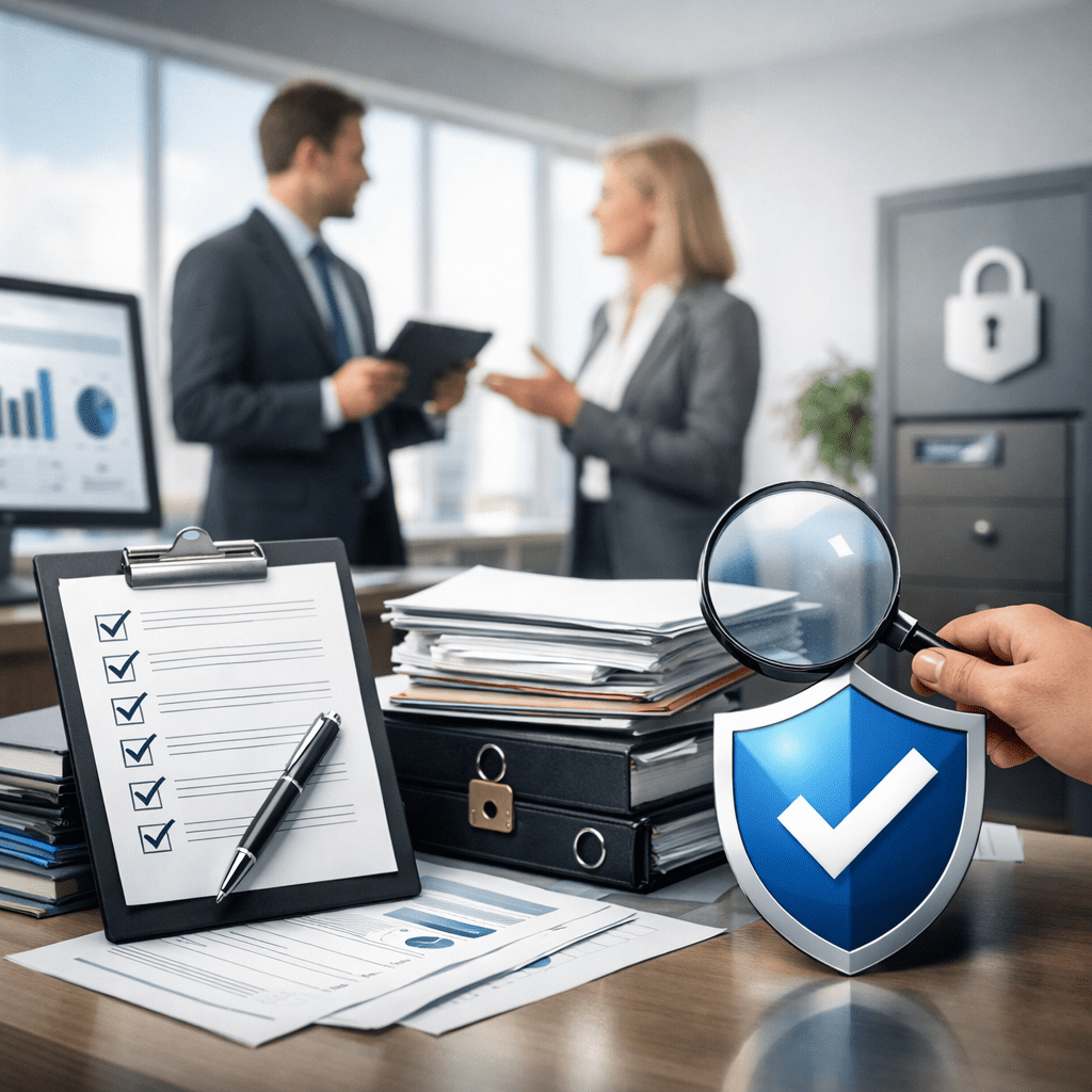 Inspection and audit readiness in a facility showing compliance checklists, safety documentation, organized records, and workplace evaluation