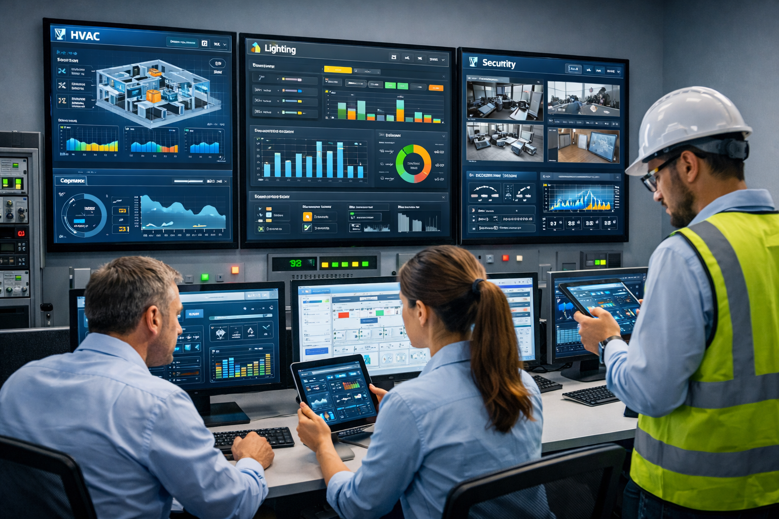 Modern smart building control room showing integrated building systems with HVAC, lighting, electrical, and security dashboards, and engineers monitoring data on tablets and computers