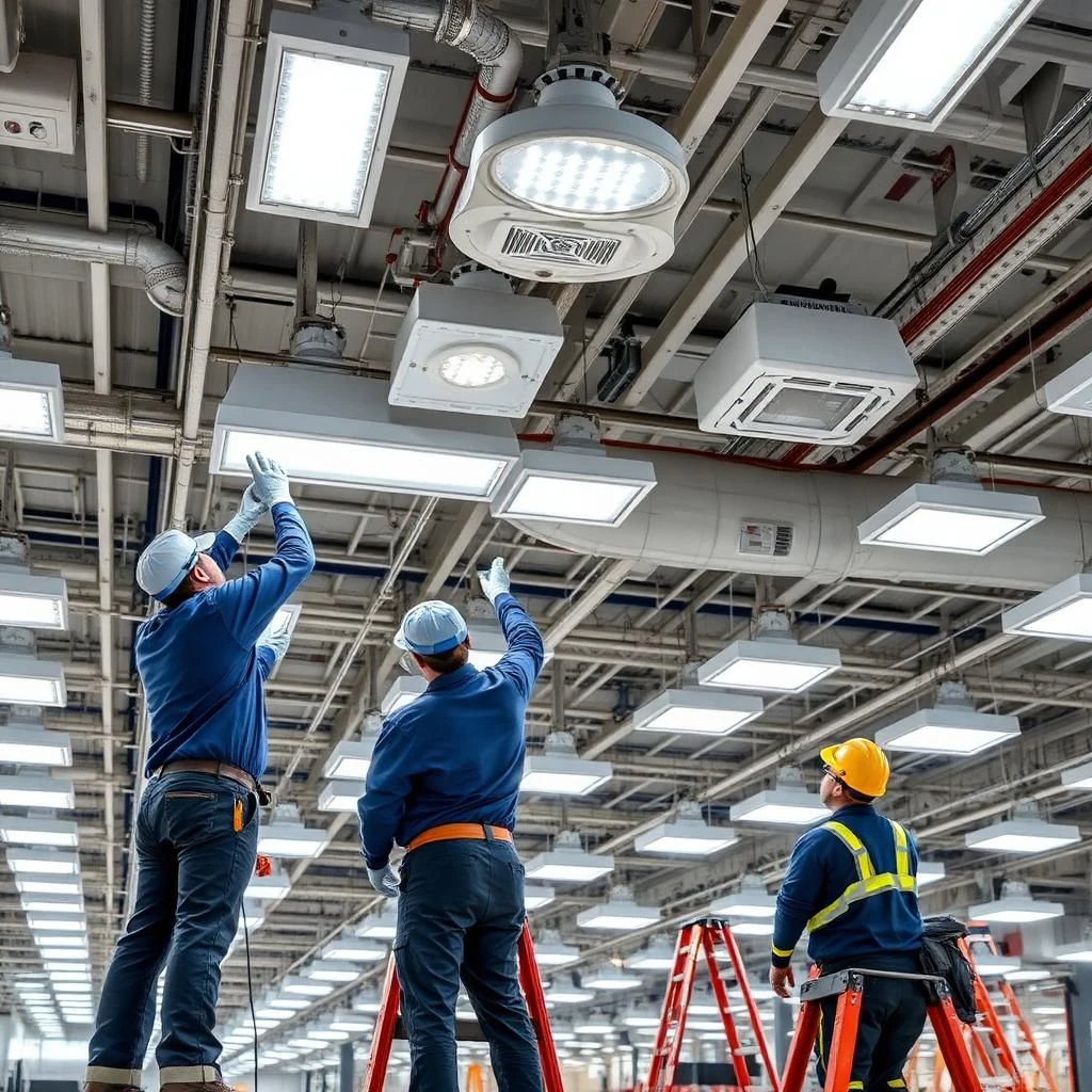 Technicians performing lighting maintenance in industrial and commercial spaces ensuring visibility and safety