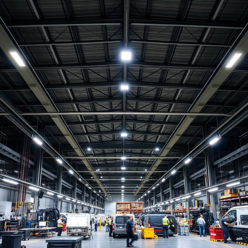 Industrial facility showing optimal lighting placement and coverage with even LED illumination and safe work zones