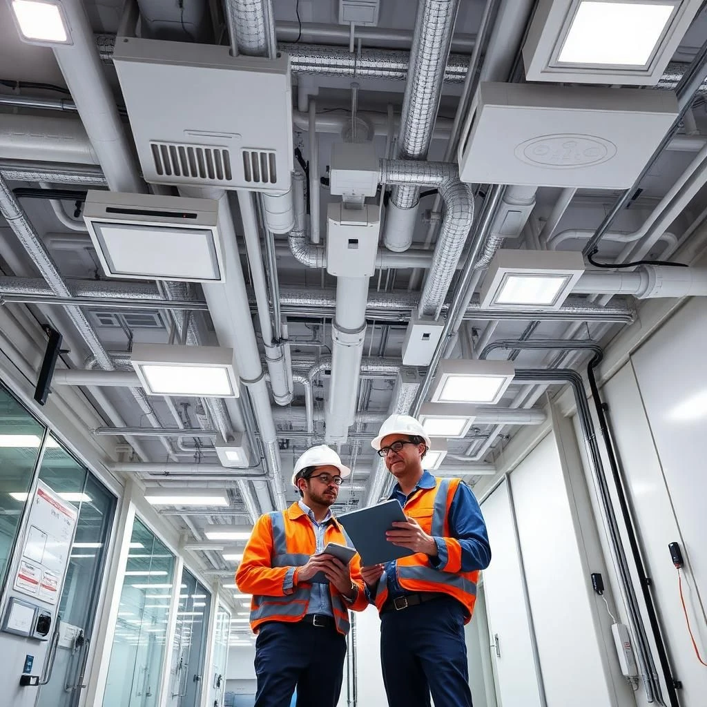 Lighting systems and controls in a modern commercial building showing LED fixtures, occupancy sensors, daylight sensors, dimmers, and control panels