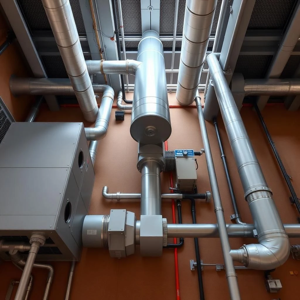 Mechanical systems in a modern commercial building showing HVAC, plumbing, and fire protection equipment