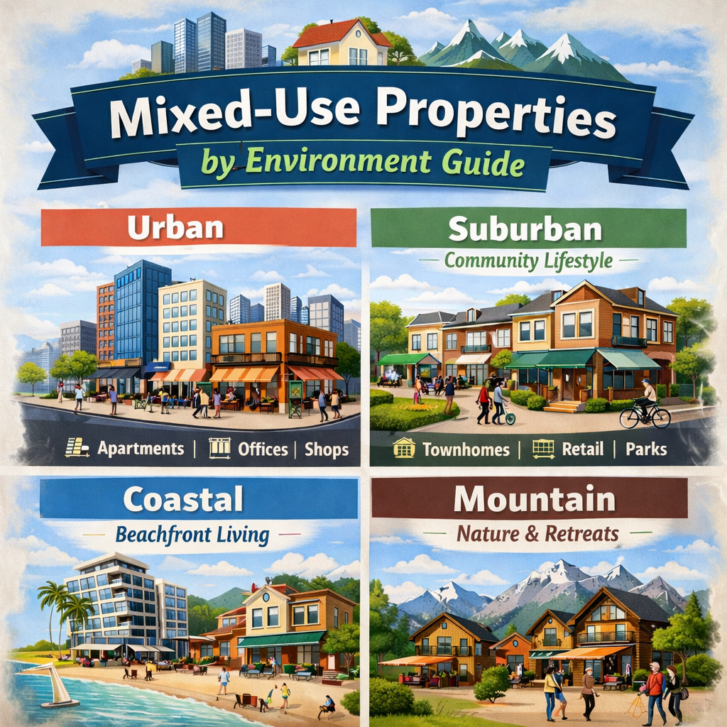 Mixed-use properties showing facilities management across residential, retail, and commercial environments.