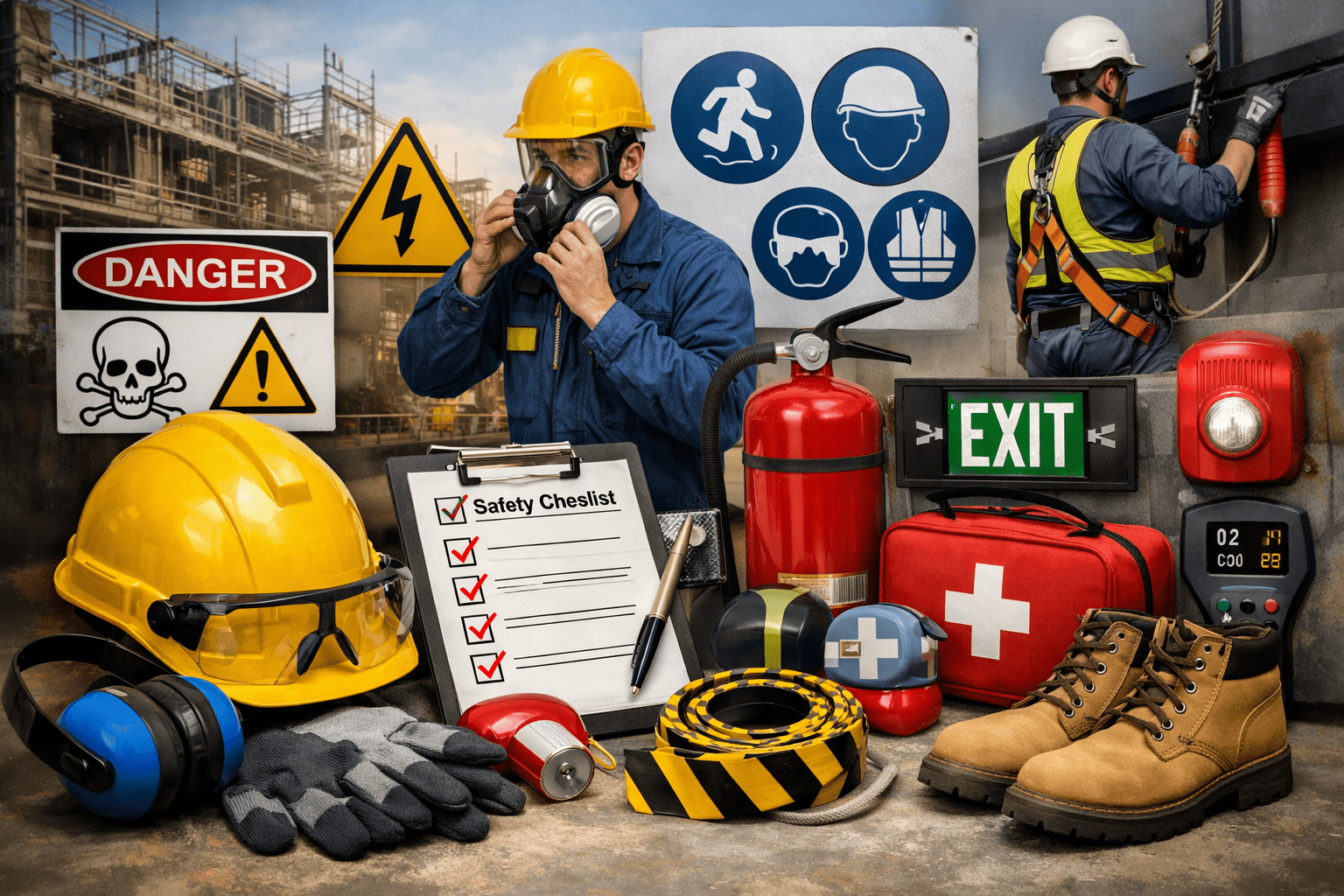 Occupational safety requirements in the workplace showing PPE use, hazard controls, safety signage, and compliance procedures
