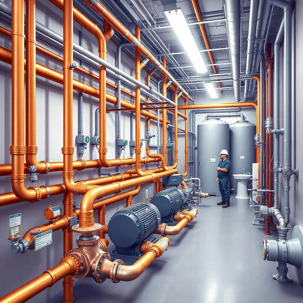 Plumbing and water systems in a modern building showing pipes, pumps, valves, storage tanks, drainage, and plumbing fixtures