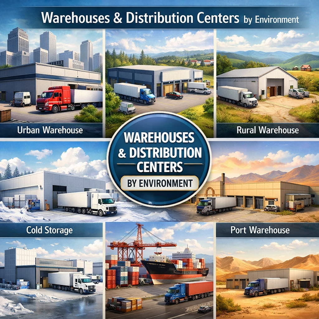 Warehouses and distribution centers showing facilities management across logistics environments.