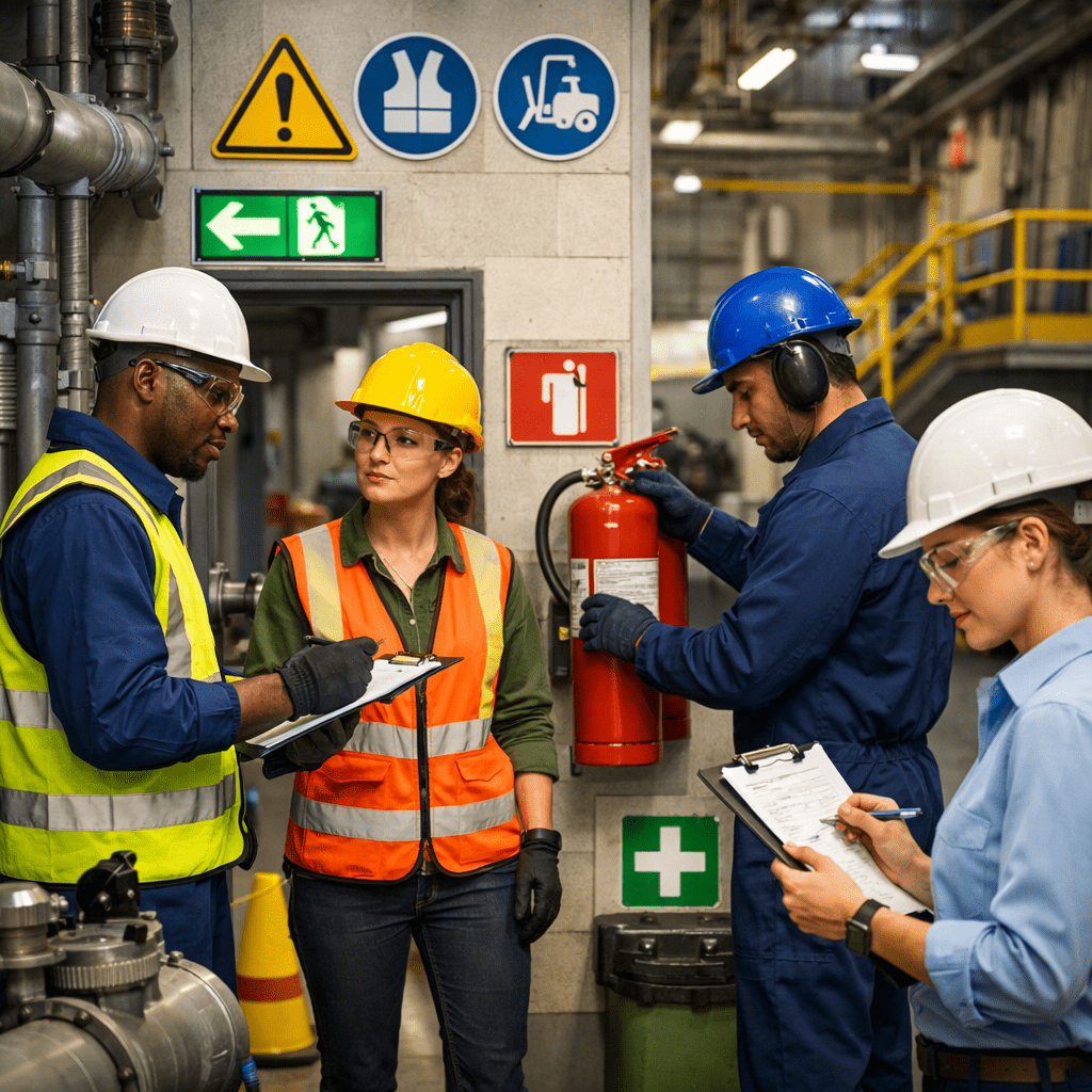 Workplace safety fundamentals in facilities including PPE, hazard signage, emergency exits, and safe equipment operation