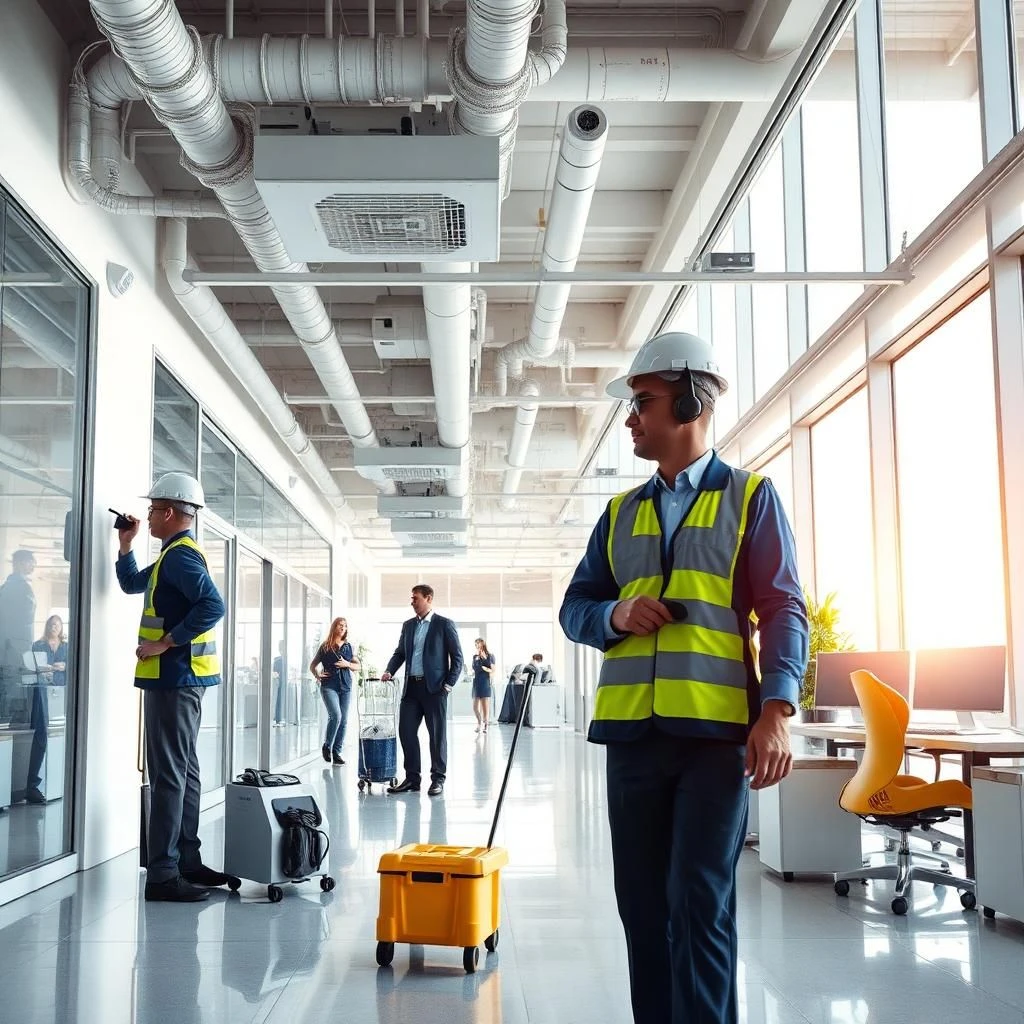 Facilities staff performing day-to-day operations in a modern office, including maintenance, cleaning, and safety monitoring.
