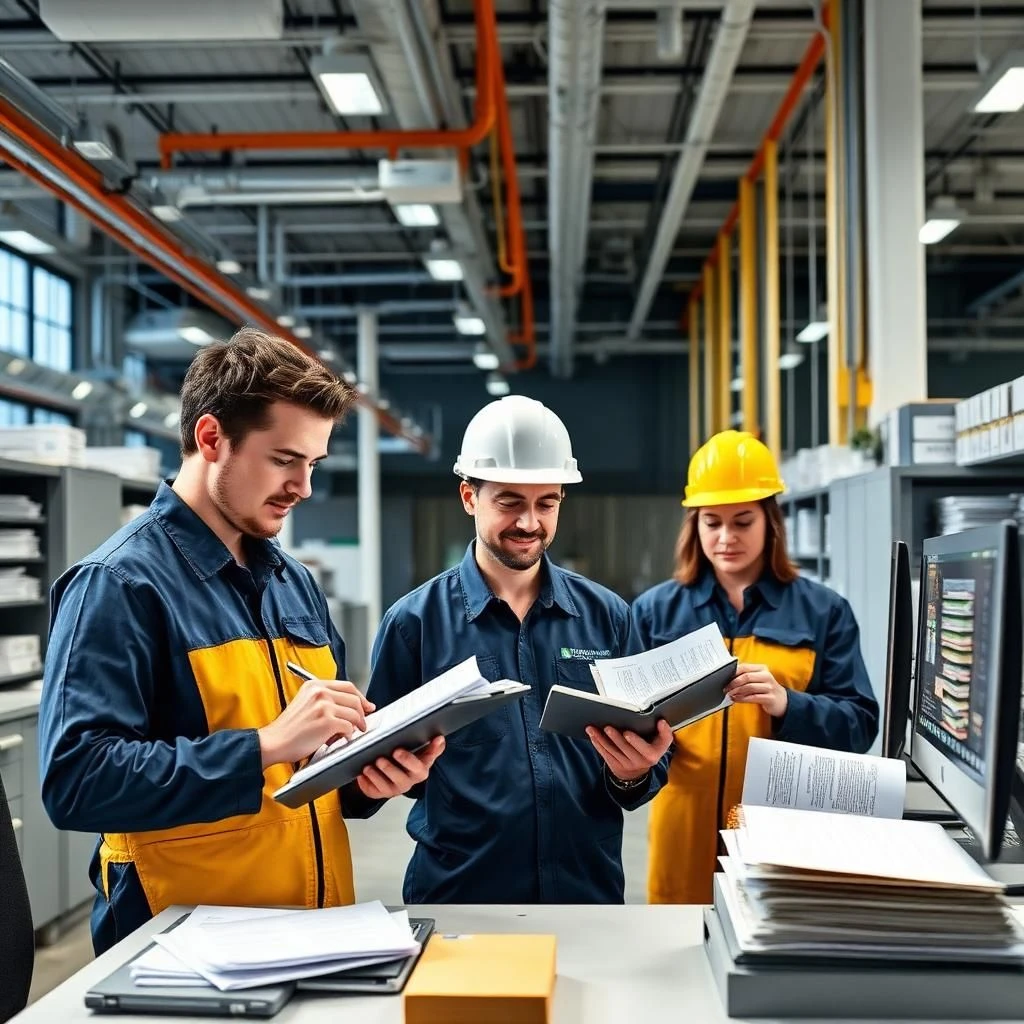 Facilities staff ensuring operational readiness by inspecting systems, performing maintenance, and tracking tasks in a modern facility.