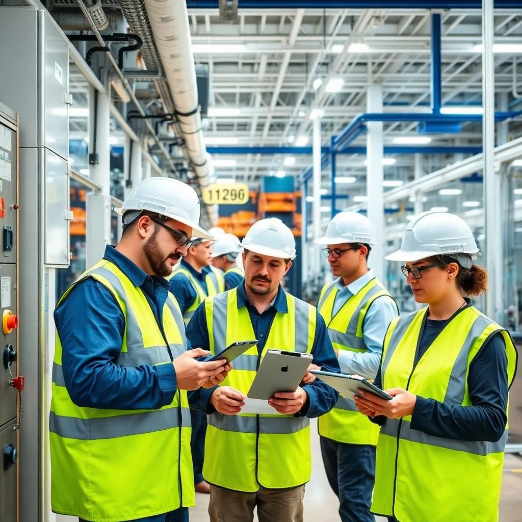 Facilities staff coordinating with vendors performing maintenance, repairs, and security checks in a modern facility for efficient operations.