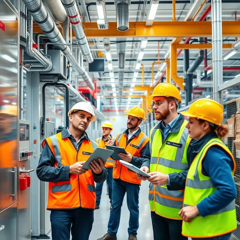 Facilities staff managing work orders in a modern office, performing maintenance, repairs, and logging tasks for efficient operations.