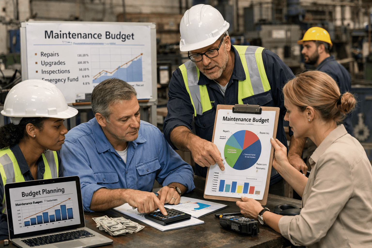 Operations team reviewing maintenance plans and budget forecasts