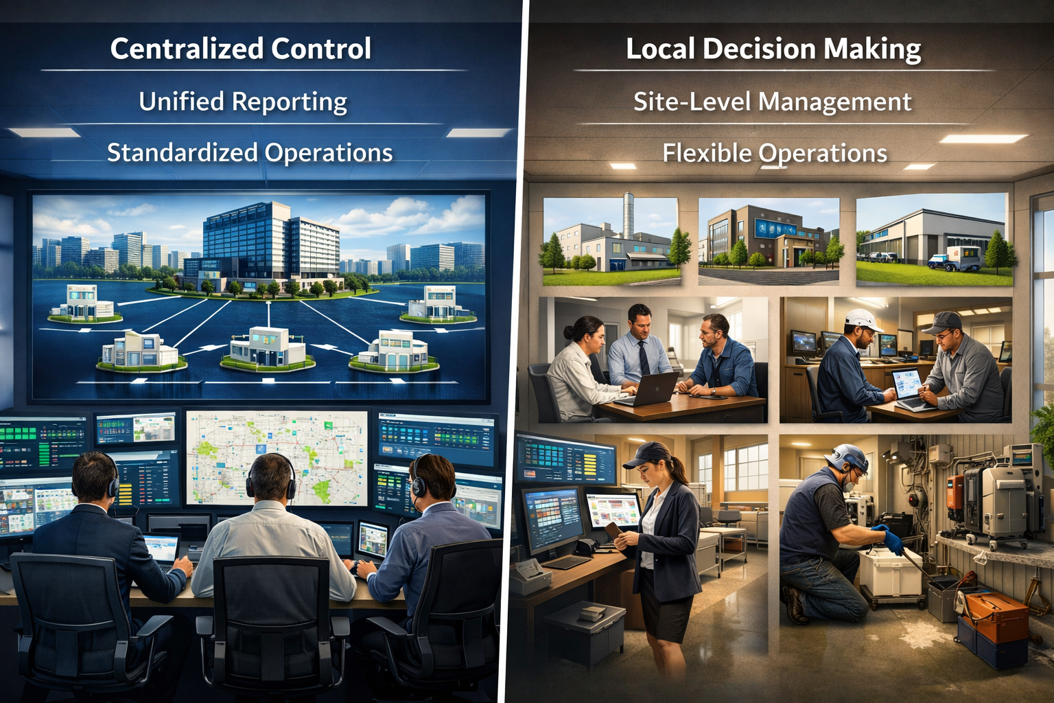 Centralized vs decentralized facility comparison showing split-screen control room with centralized headquarters monitoring multiple sites and decentralized on-site management teams.