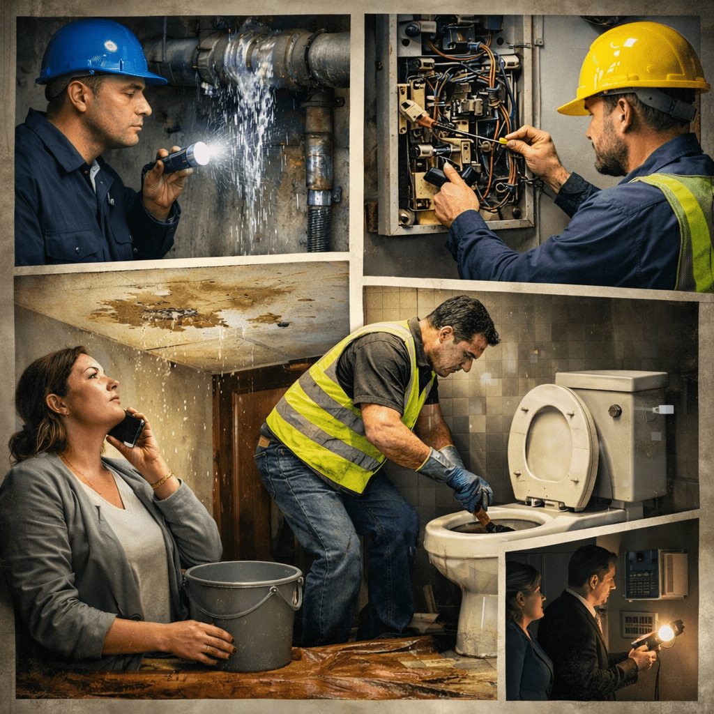 Facilities team troubleshooting common building system failures