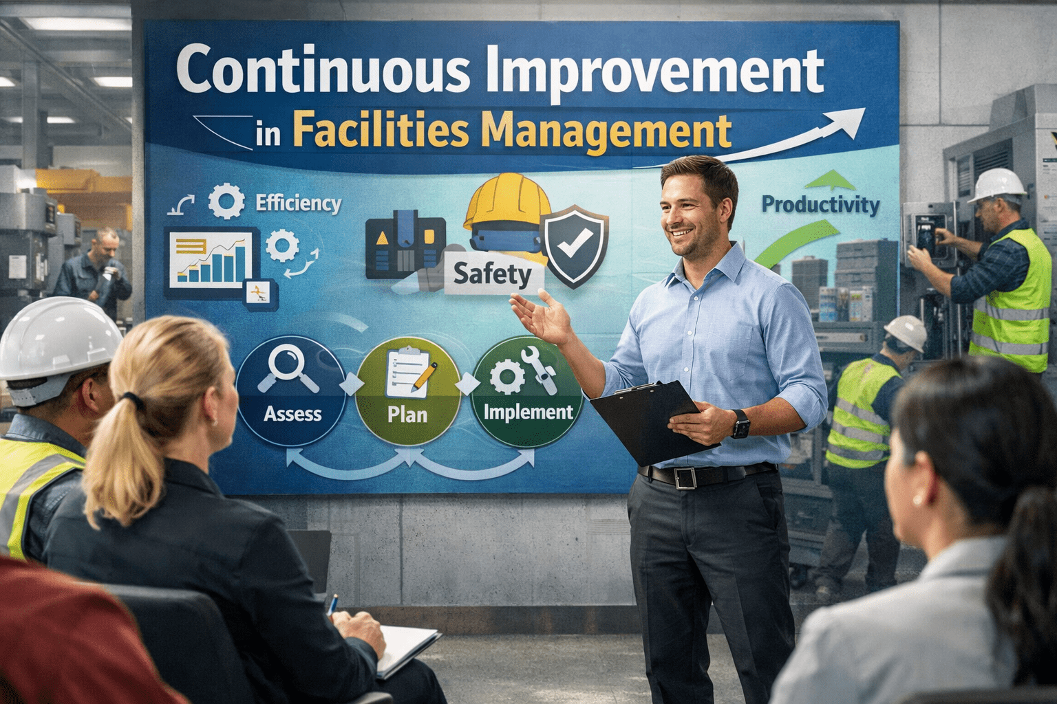Continuous improvement in facilities management dashboard showing performance metrics