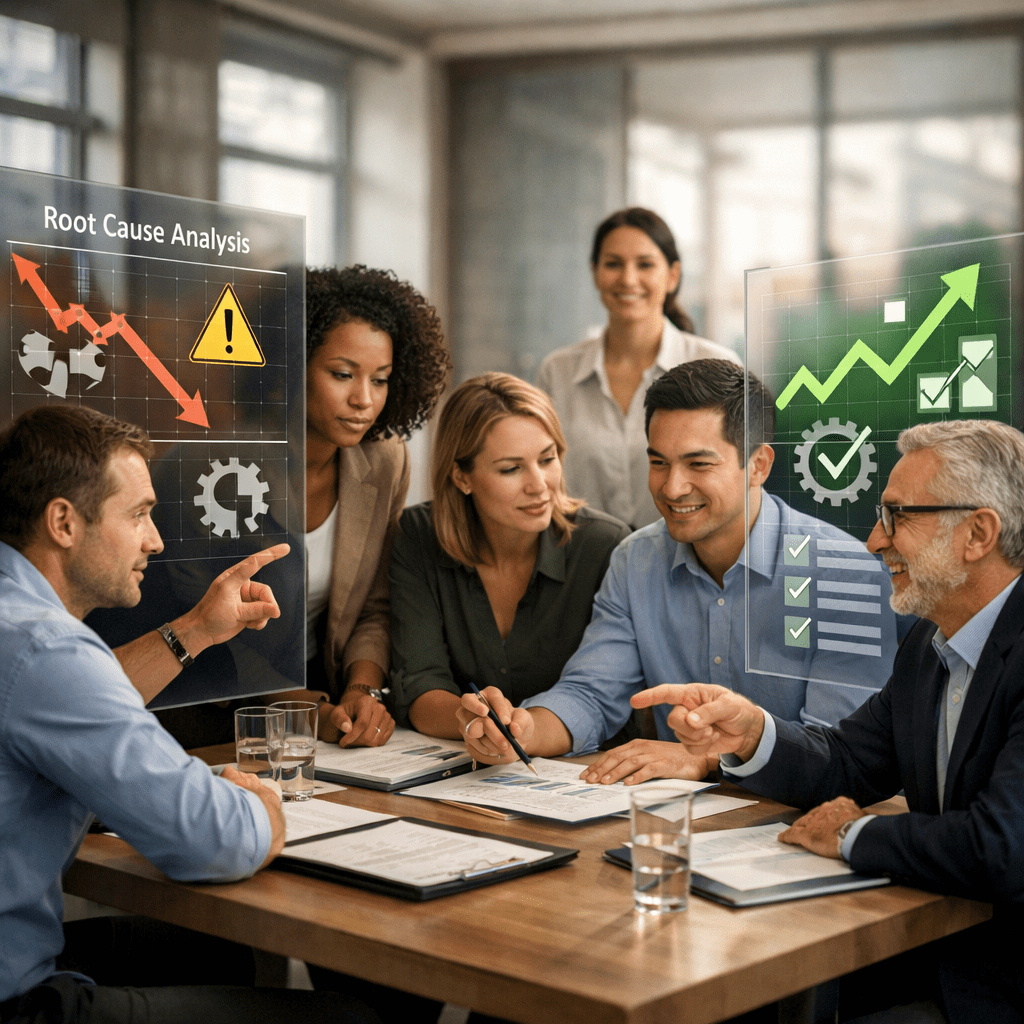 Team implementing corrective and preventive actions to solve operational problems