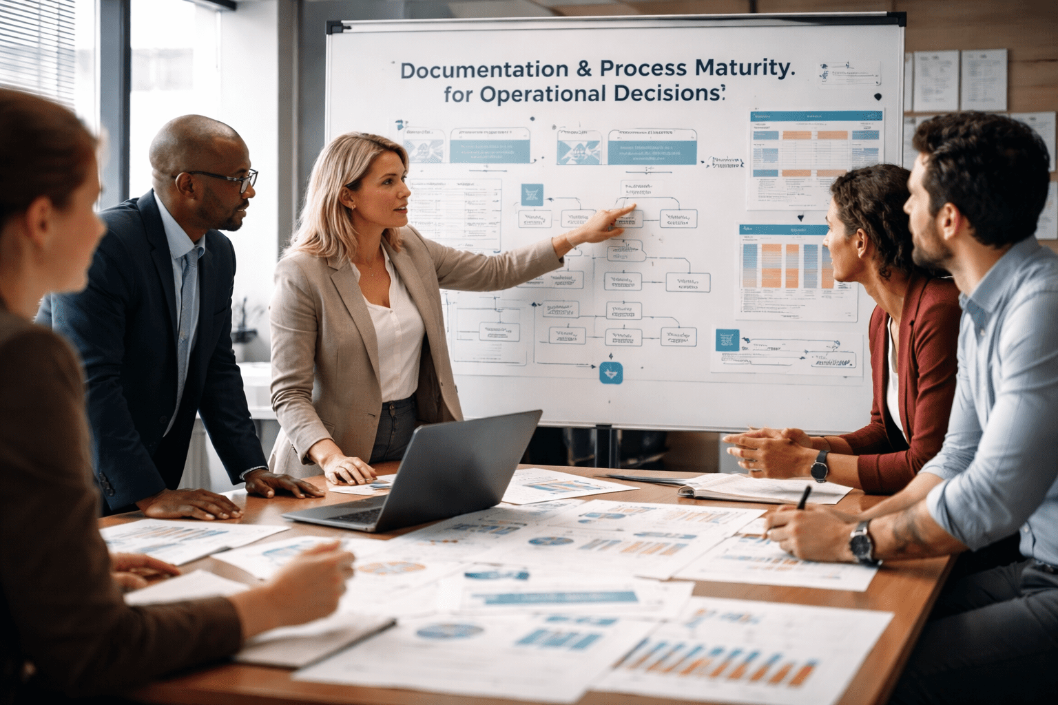 Operations team reviewing documented workflows and standardized business processes