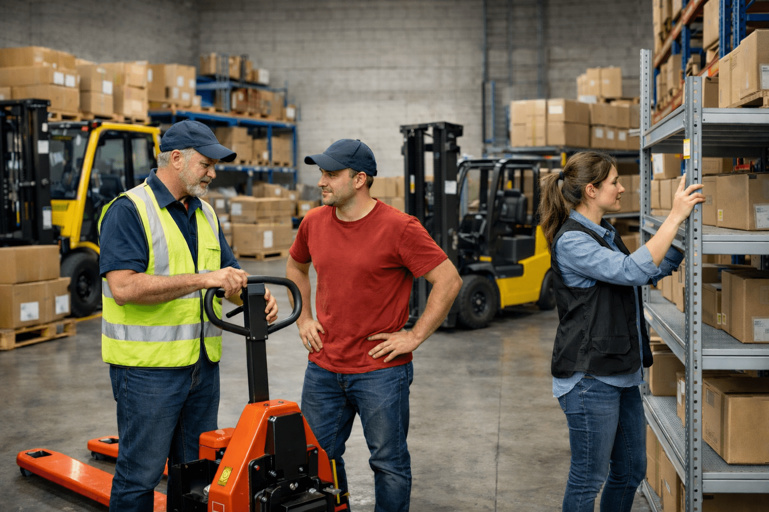 Equipment selection for small warehouses showing pallet racks, packing stations, and material handling tools in an e-commerce facility