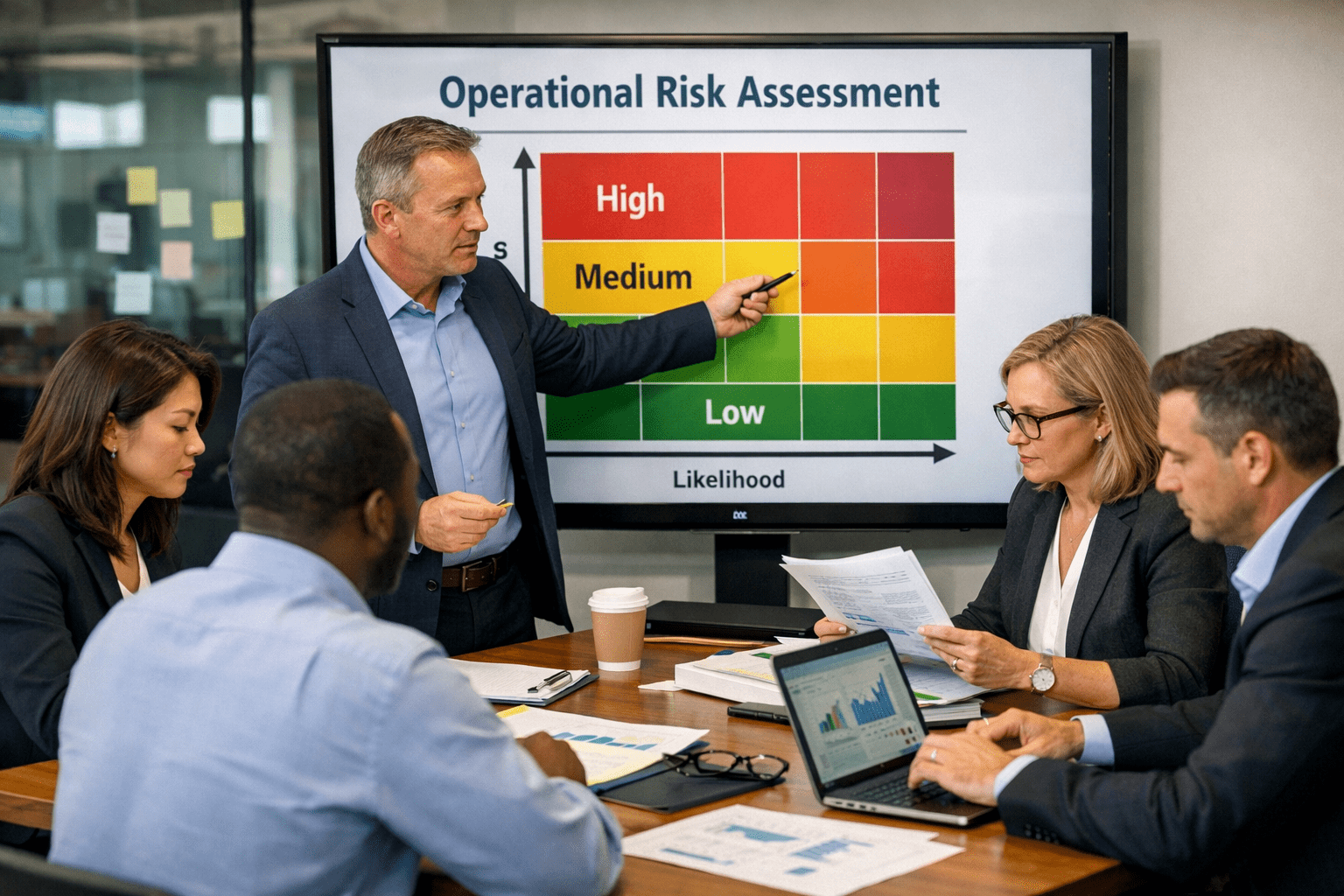 Operational teams reviewing business processes and potential risks