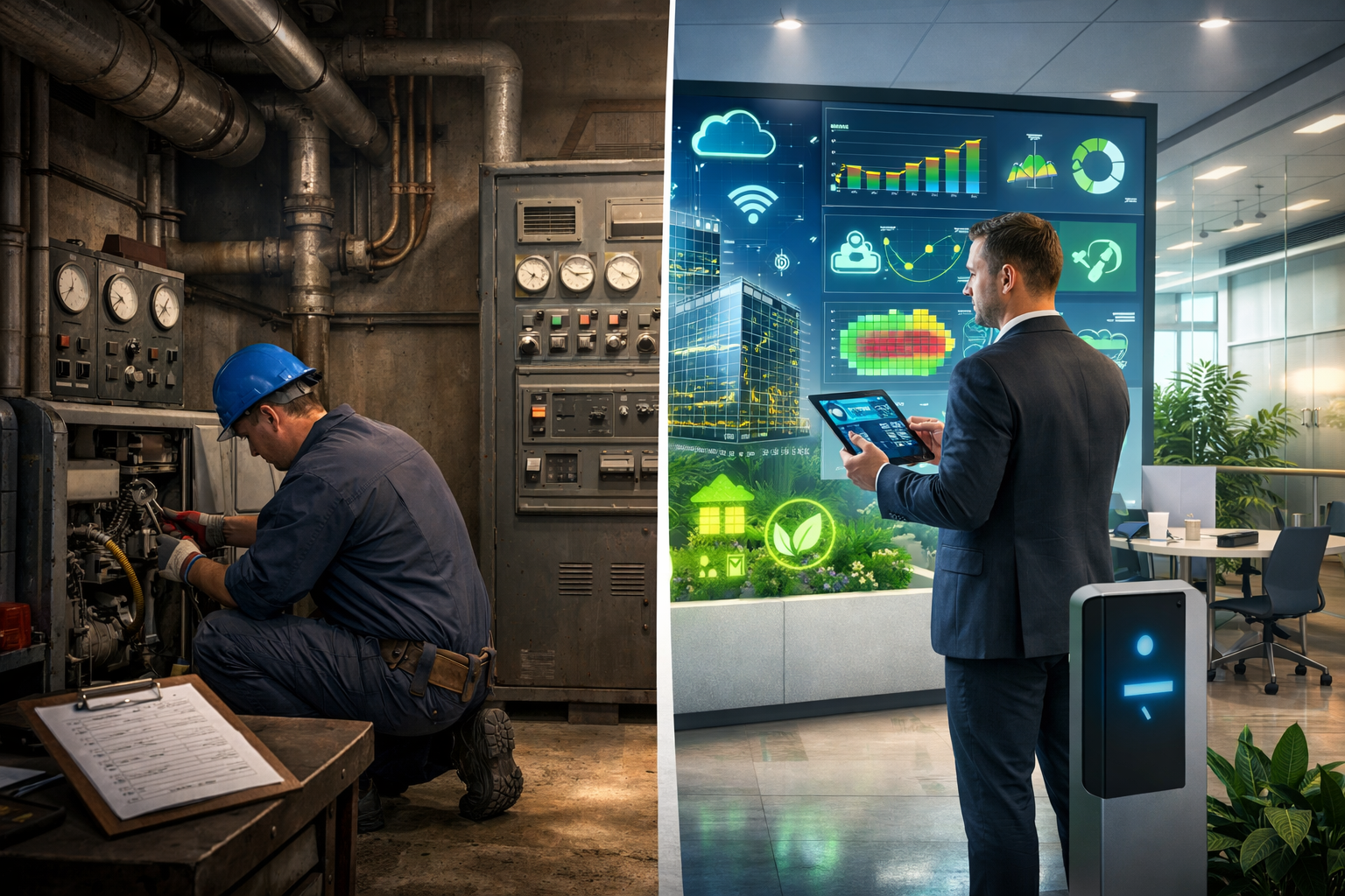 Modern facilities management evolution showing transition from traditional maintenance to smart building technology, data analytics and sustainable strategy.