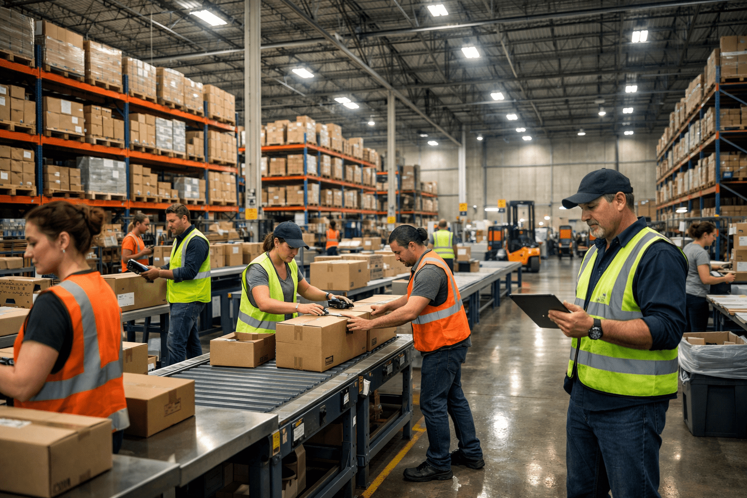 Fulfillment space requirements in an e-commerce warehouse showing storage racks, packing stations, and shipping zones