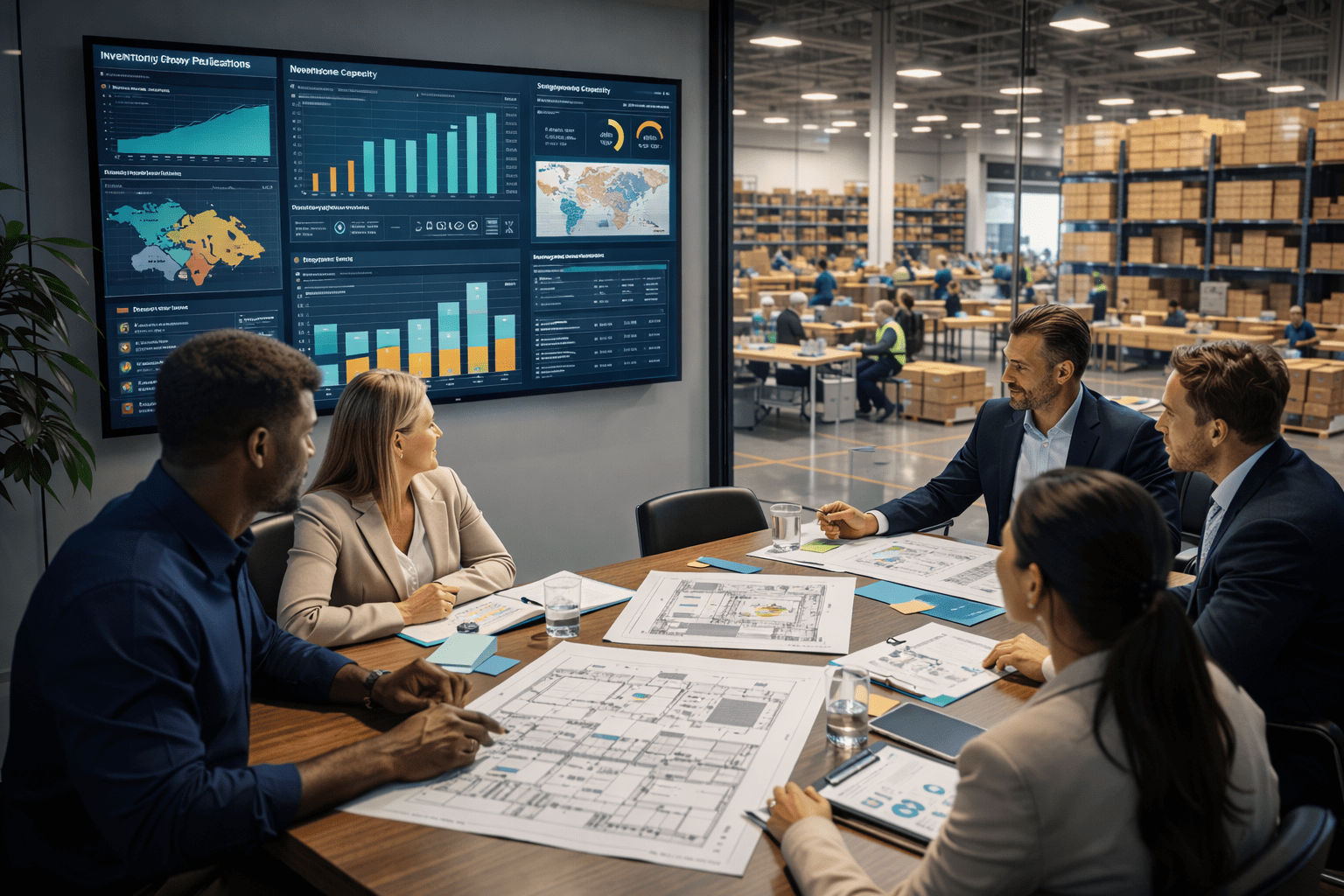 Infrastructure Planning for Growth meeting inside modern warehouse office reviewing expansion blueprints and logistics dashboards