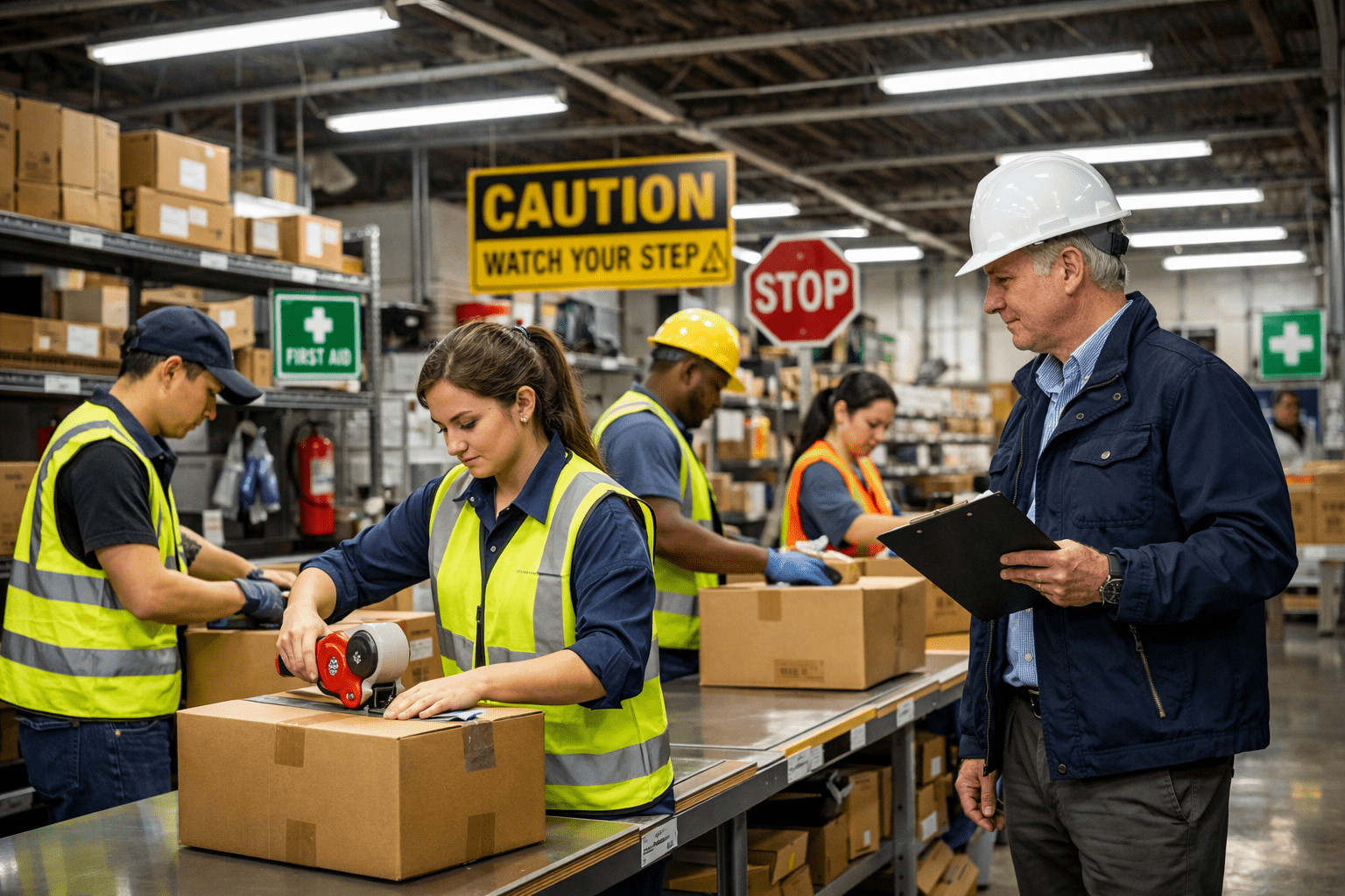 E-commerce warehouse packing area with LED lighting, ergonomic workstations, and safety-compliant layout for order fulfillment