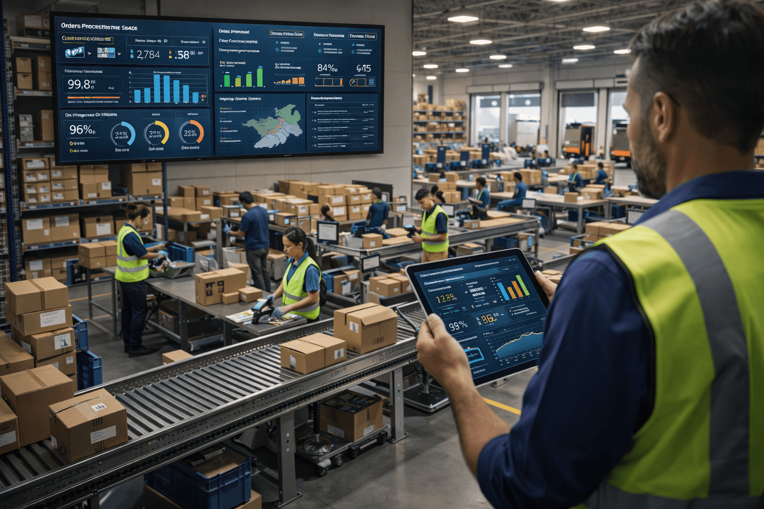 Maintaining Efficiency at Scale in a modern warehouse with real-time performance dashboards and optimized fulfillment workflow