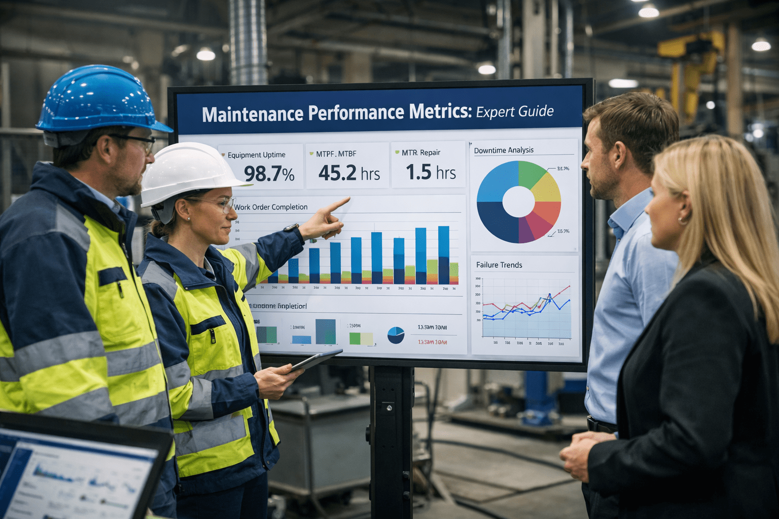 Maintenance engineer reviewing performance metrics on maintenance dashboard