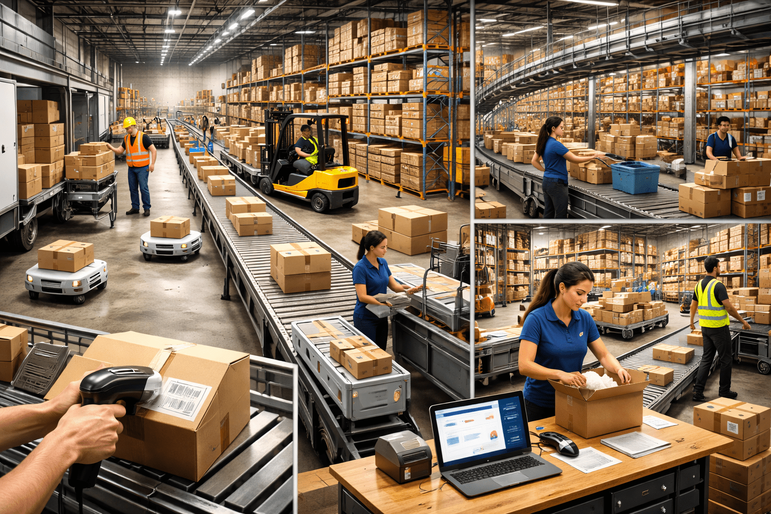 Material handling basics in e-commerce warehouse with workers using conveyors and pallet systems