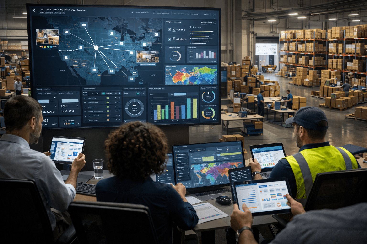 Multi-location fulfillment considerations showing connected warehouses, live inventory dashboard, and distributed ecommerce logistics network