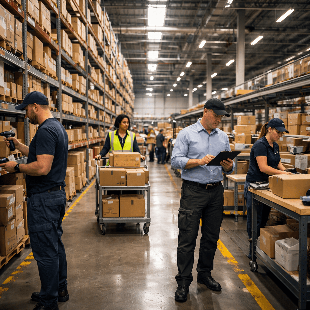 Modern e-commerce warehouse showing organized storage and inventory environments with barcode scanning and shelving systems