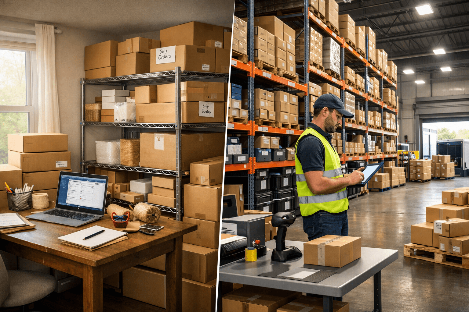 Transitioning from home to warehouse showing small home packing setup compared to organized industrial warehouse operations