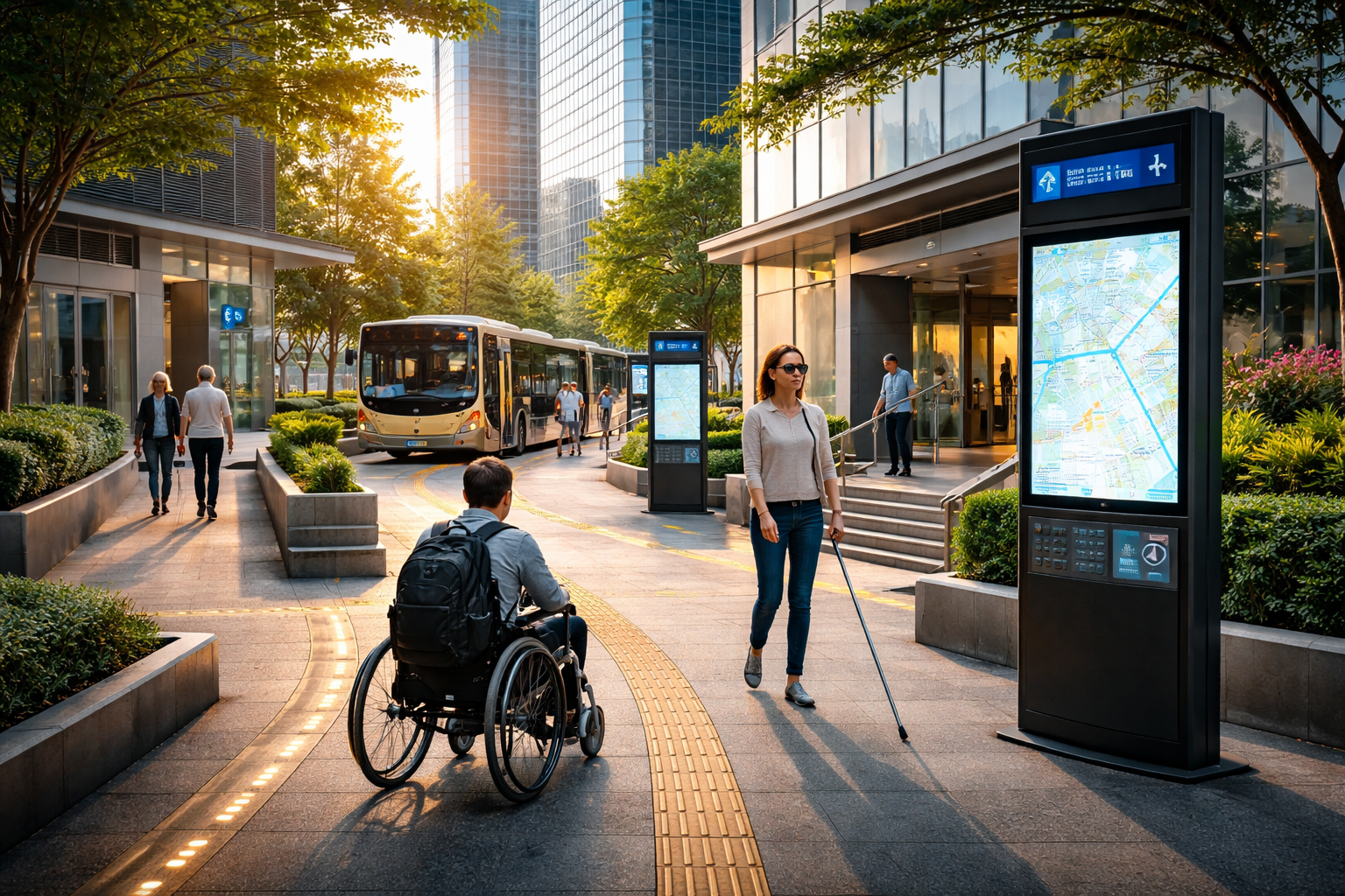 Accessible modern infrastructure with tactile pathways, smart navigation kiosk, and inclusive urban design supporting people with disabilities