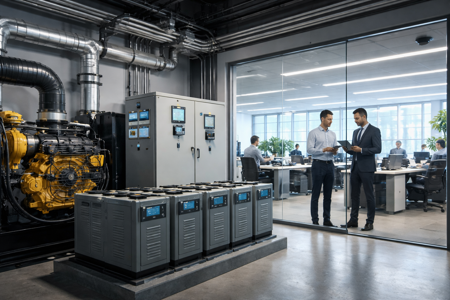 Backup power systems with generators and battery storage supporting smart building operations in a modern office facility