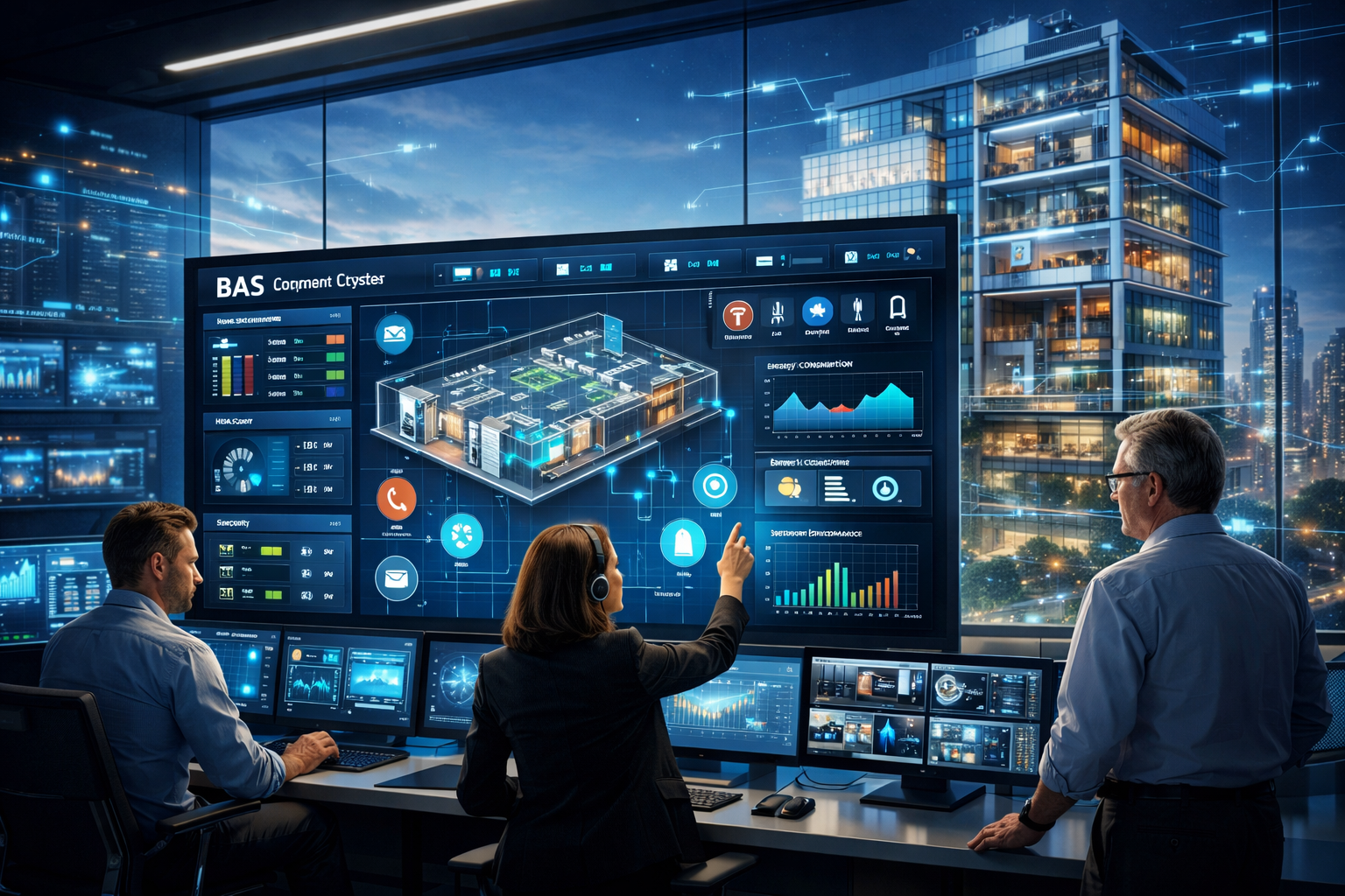 Building Automation Systems BAS dashboard monitoring HVAC lighting energy and security in a smart building control center