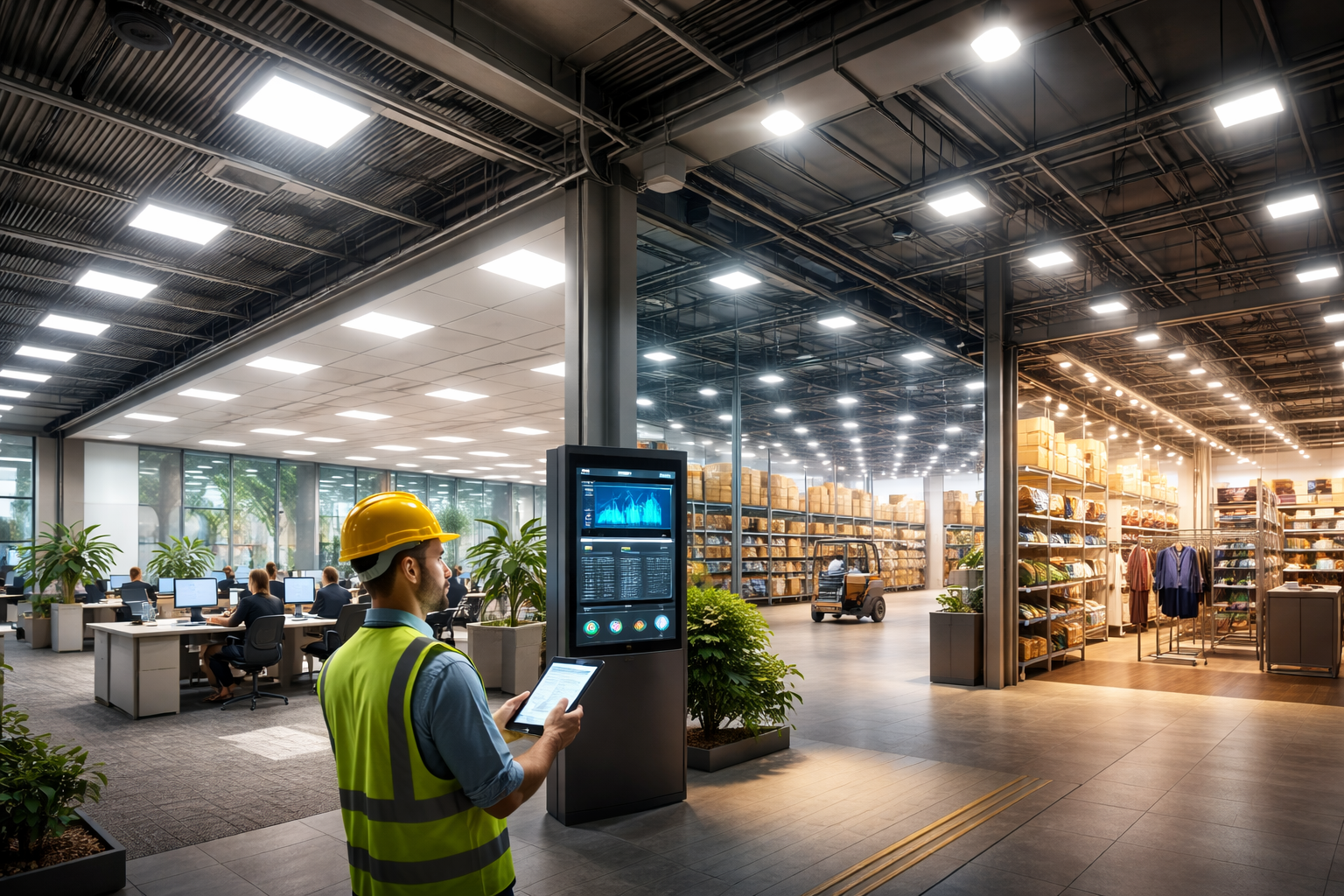 Commercial electric lighting system with LED ceiling lights illuminating office, warehouse, and retail areas in a modern business facility