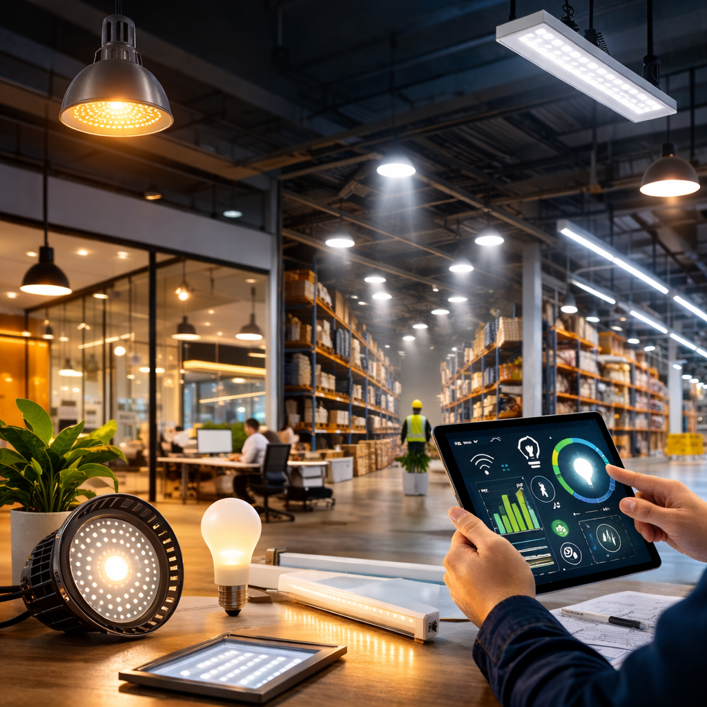 Smart commercial lighting systems with LED fixtures and lighting control tablet in a modern office and warehouse environment