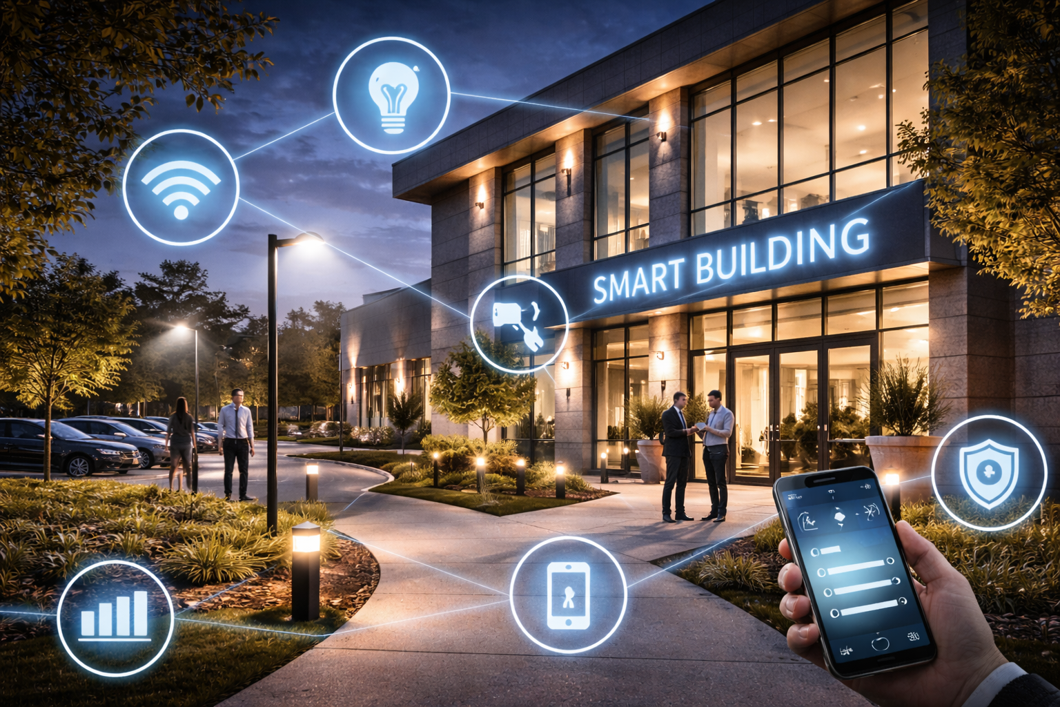 Smart building with commercial outdoor lighting services illuminating walkways, parking areas, and modern office entrance with people outside