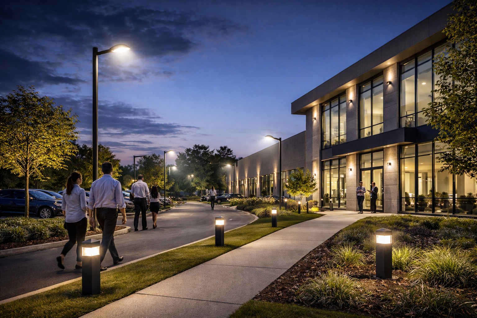 Commercial outdoor lighting services illuminating a modern office building, walkway, and parking lot with people walking at night