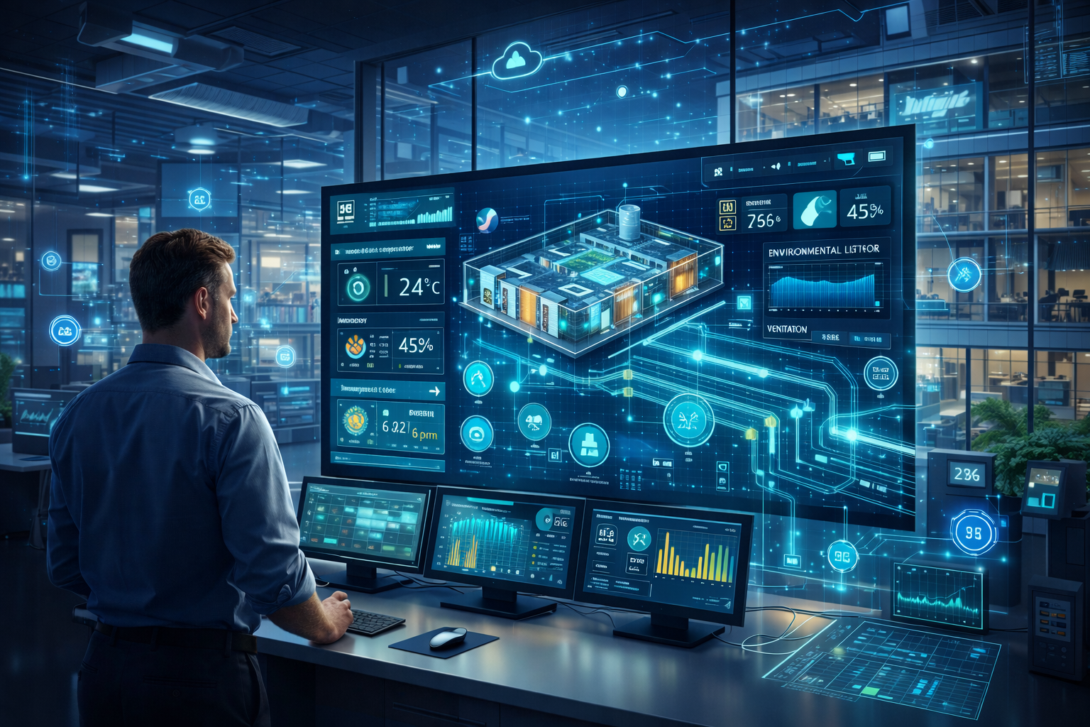 Environmental control strategies dashboard monitoring temperature humidity air quality ventilation and lighting in a smart building