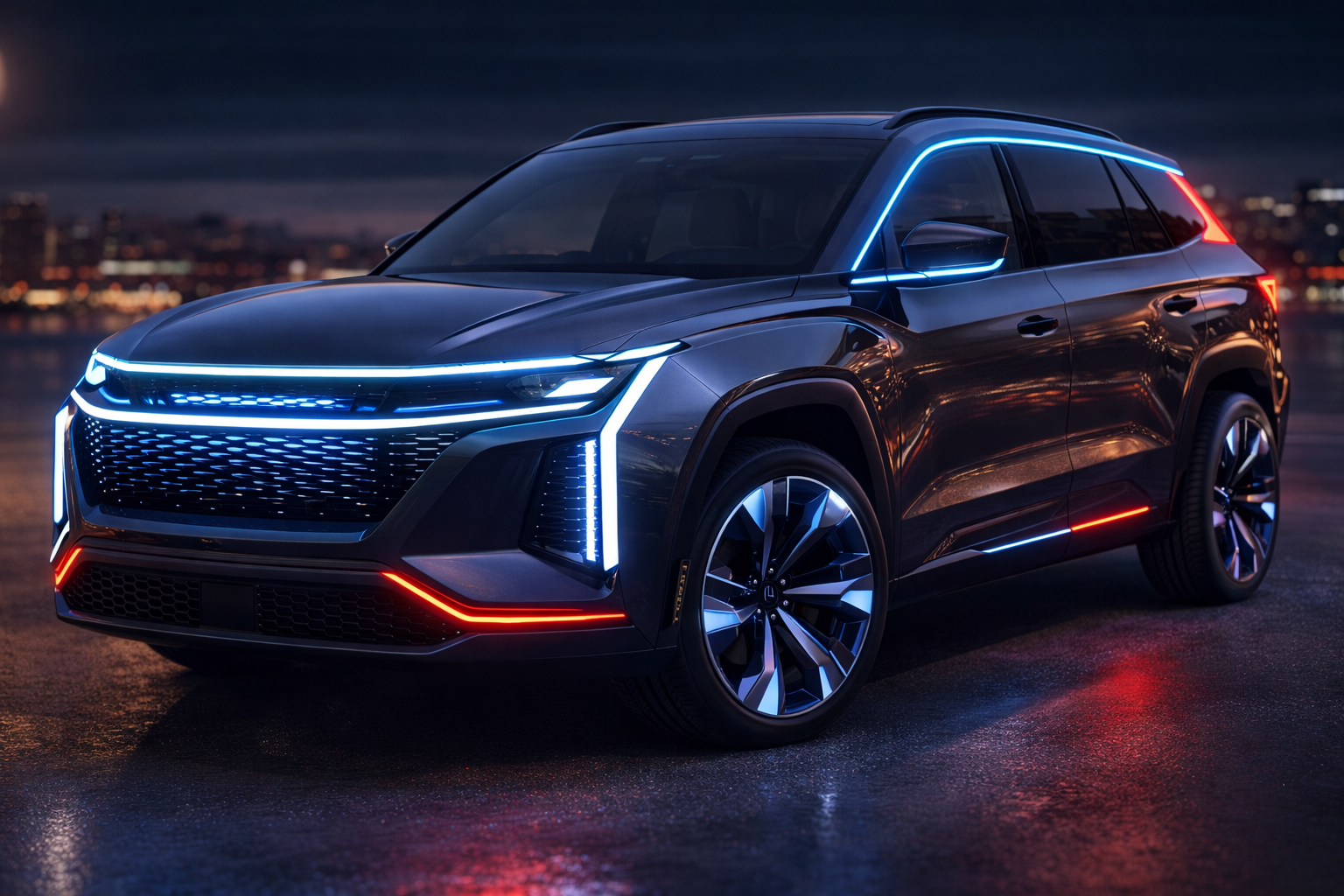 Futuristic SUV with advanced LED exterior lighting driving on a modern city road at night