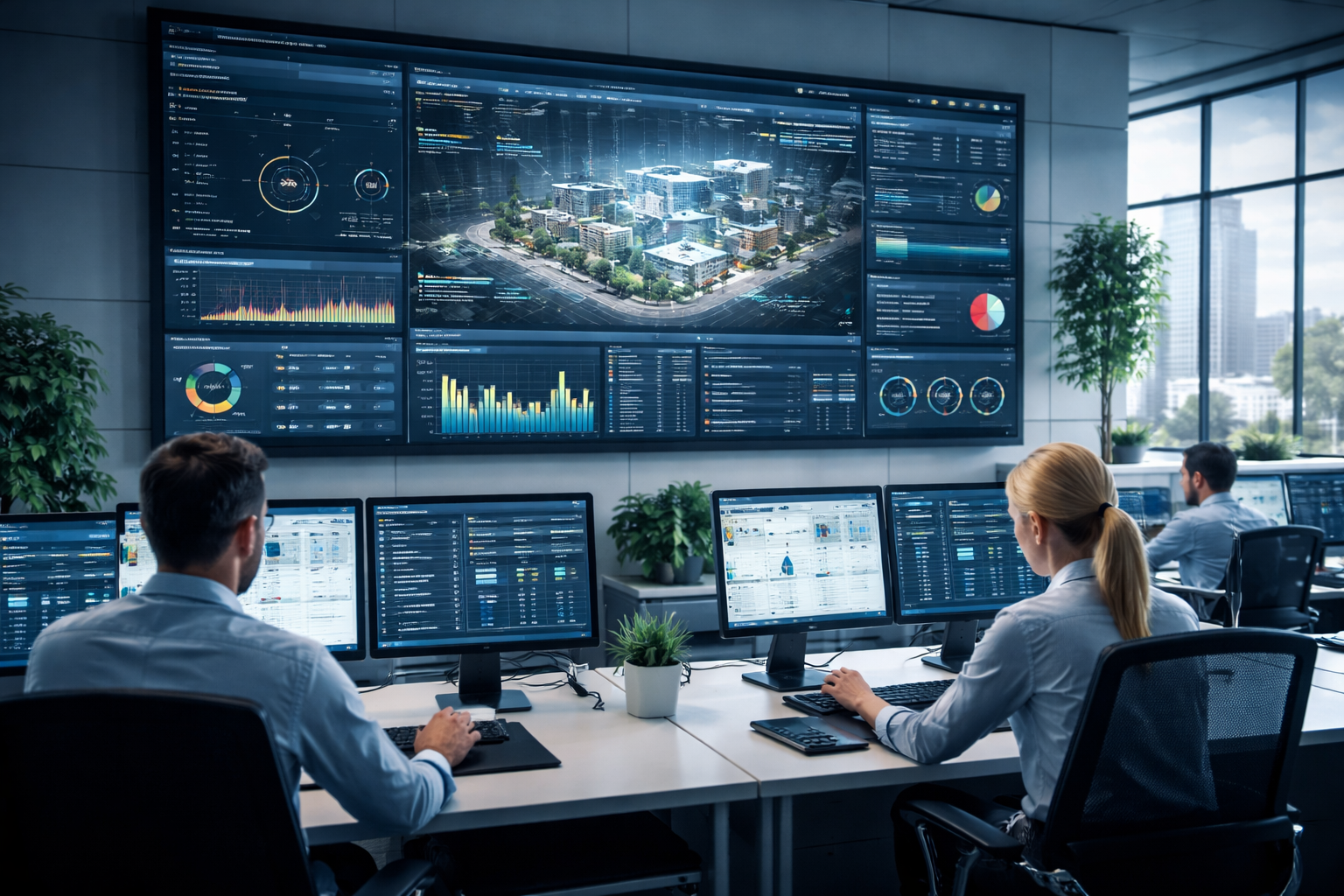 Facilities management dashboard with real-time data monitoring multiple buildings and centralized operations control room