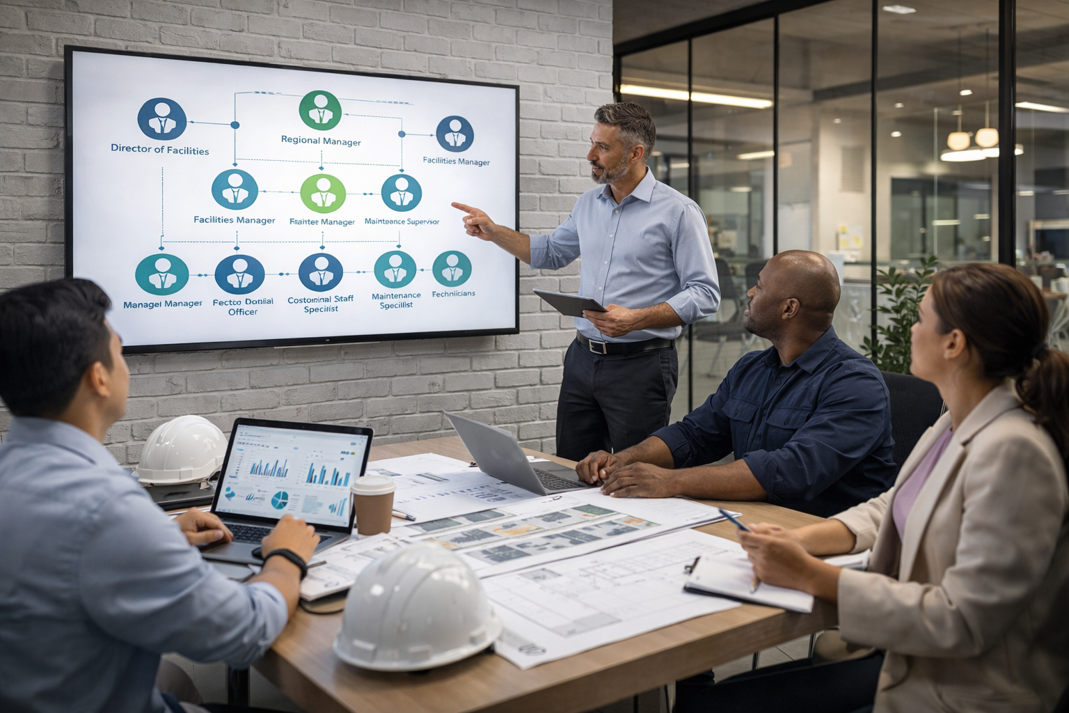 Facilities management hierarchy meeting with team reviewing digital organizational structure and operations workflow