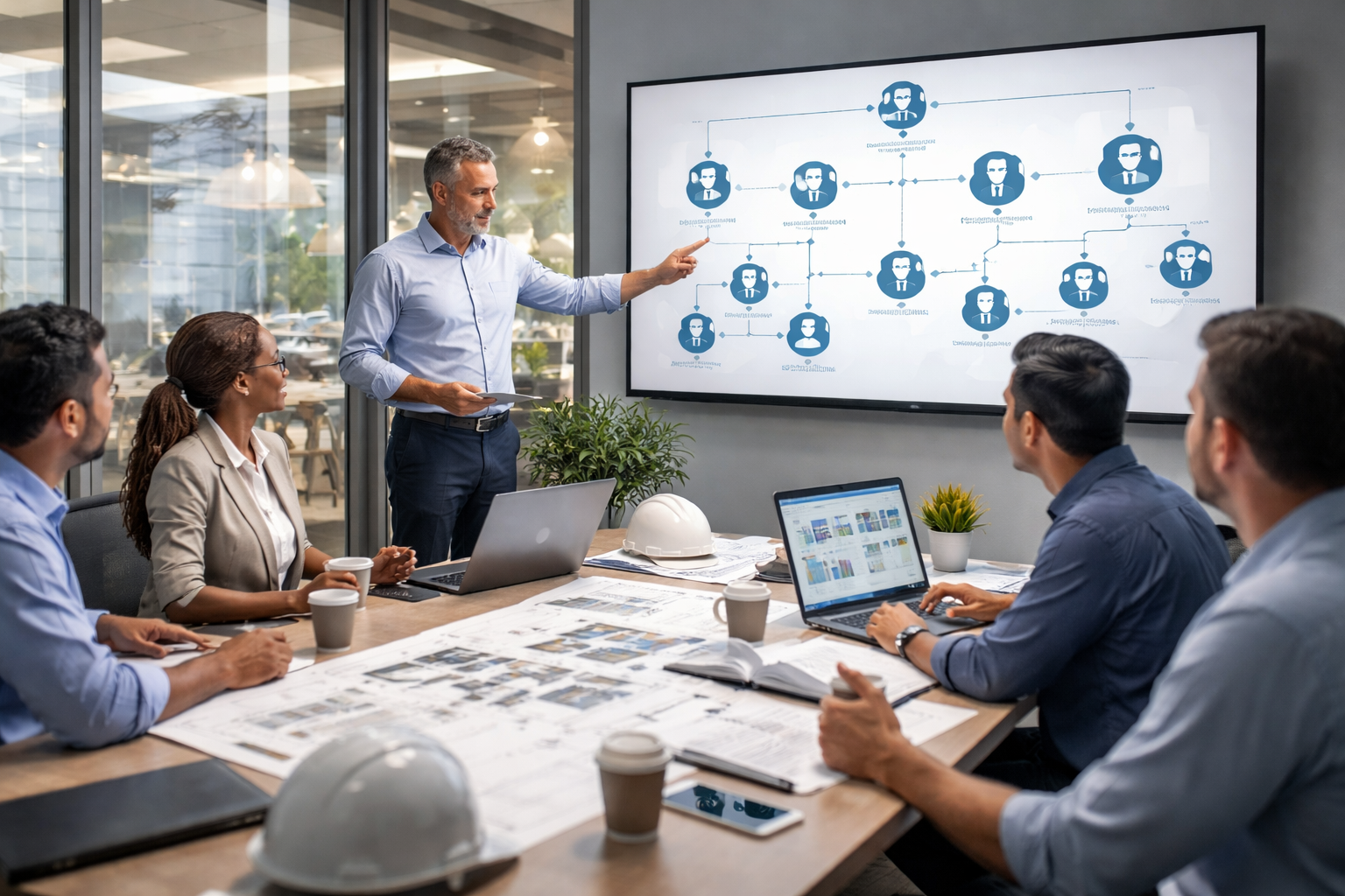 Facilities organizational structure meeting with operations team reviewing digital workflow and building management plans